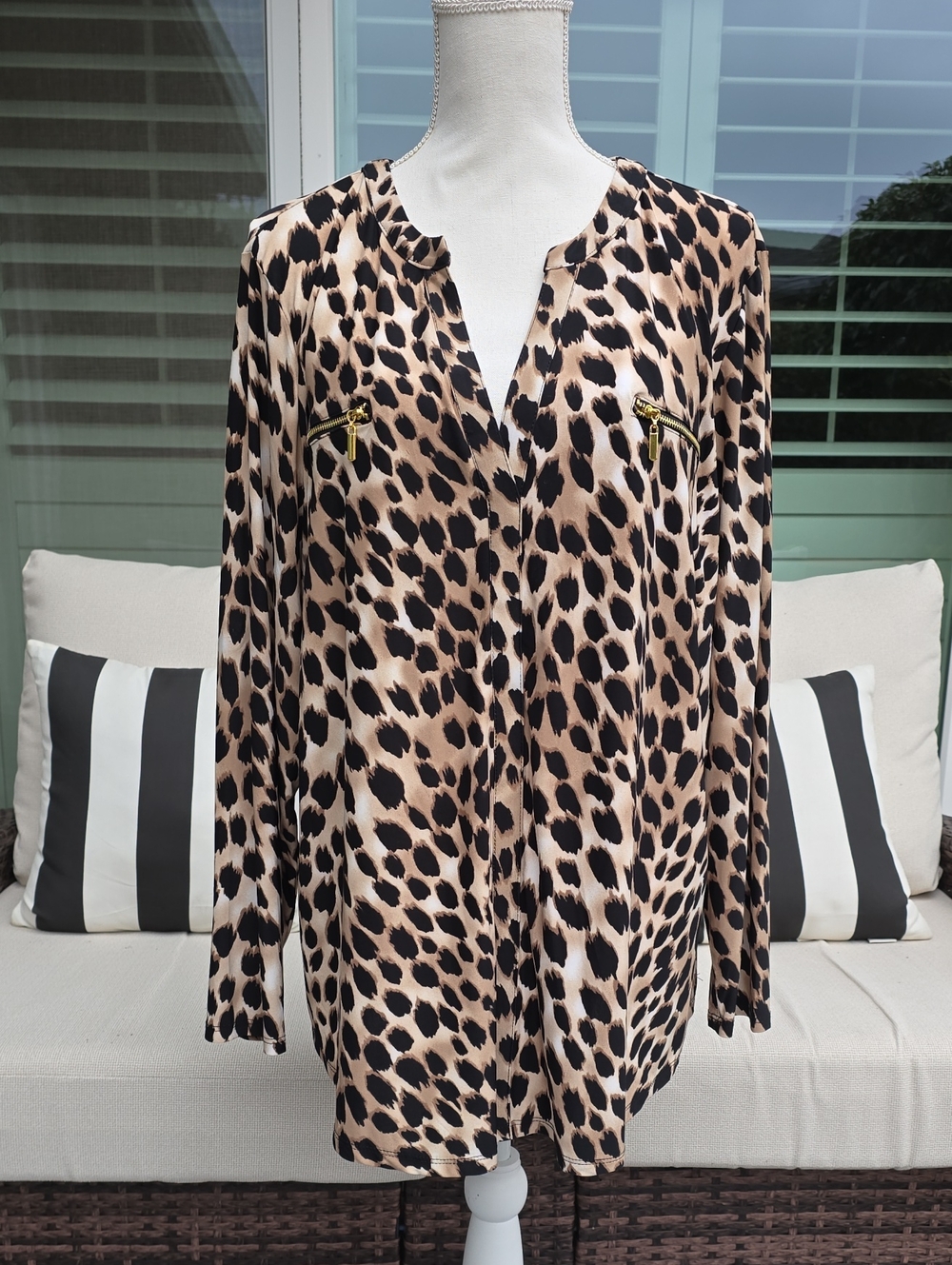 INC International Concepts Leopard-Print Long Sleeve Blouse - Beige & Black